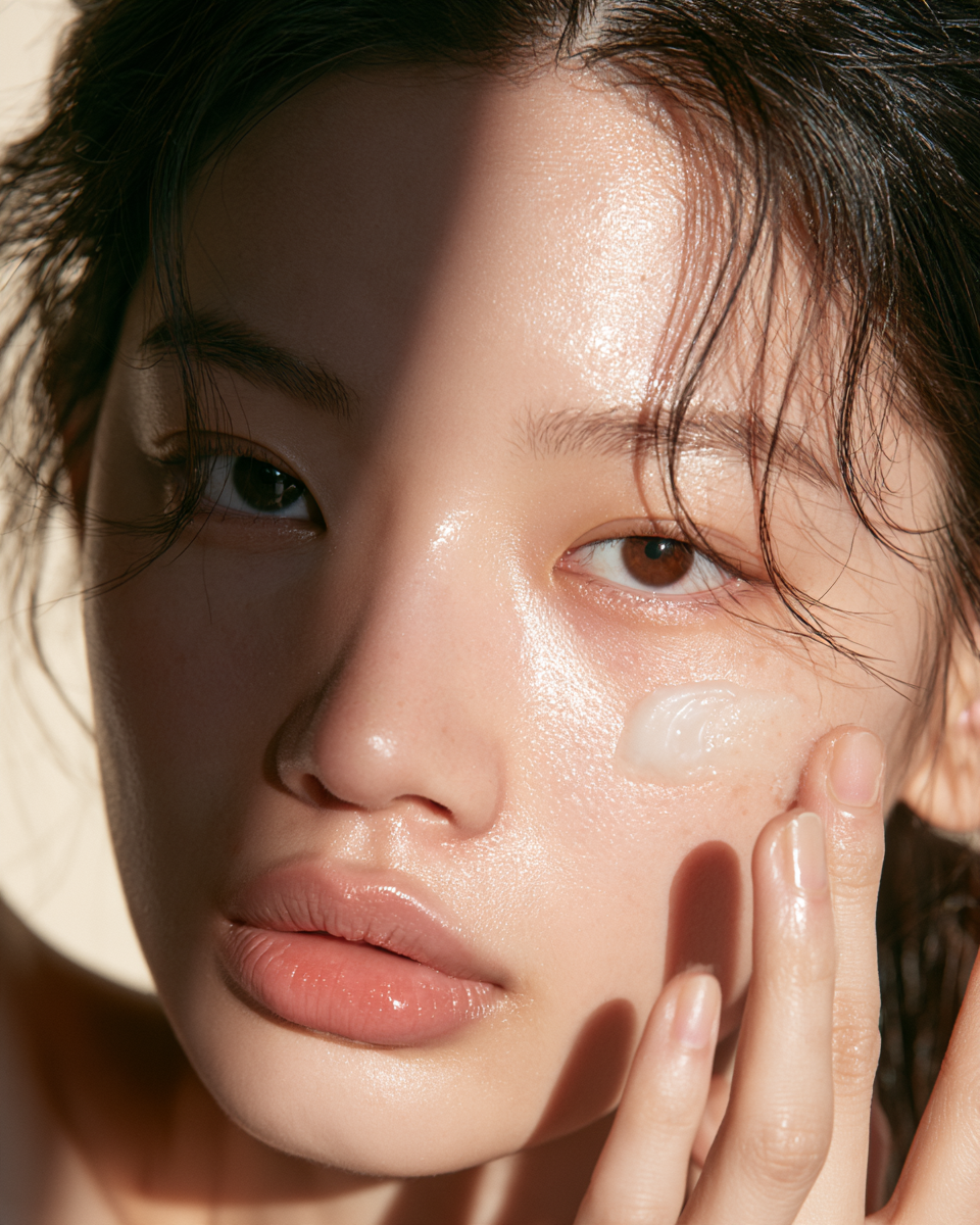AI-generated illustration: close-up portrait of a woman with hands framing her face in sunlight and shadow